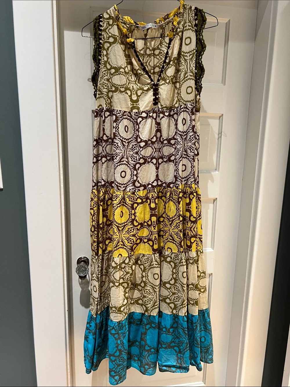 Zara Patterned Tiered Maxi Dress in Olive, Gold & Turquoise